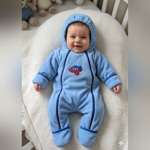 Vintage Play Town Baby Fleece Hooded One-Piece Pram Light Blue Airplane Applique